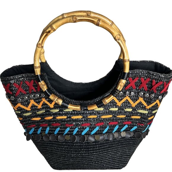 Black Woven Tote With Bamboo Handles & Colorful Embellishments - Picture 1 of 11